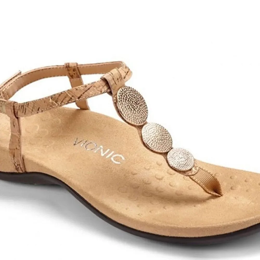 Vionic Tan Cork Lisbeth Sandals Leather Toe Post Silver Orthotic Shoes Size 10W